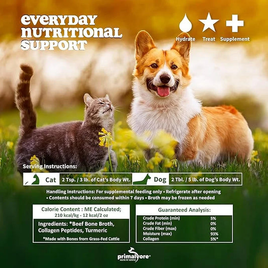 Primalvore Grass-Fed Beef Bone Broth for Dogs &Cats, Mobility Formula w/Collagen Peptides to Help Support Hip & Joints, Di...
