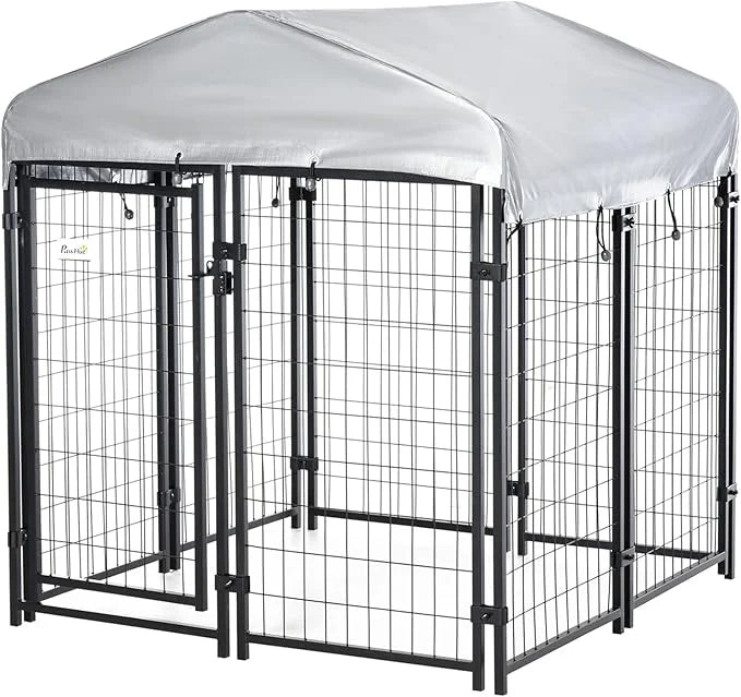 PawHut 4' x 4' x 4.5' Dog Kennel Outside, Dog Playpen Exercise Pen with Lockable Door, Water-Resistant Canopy, for Medium ...