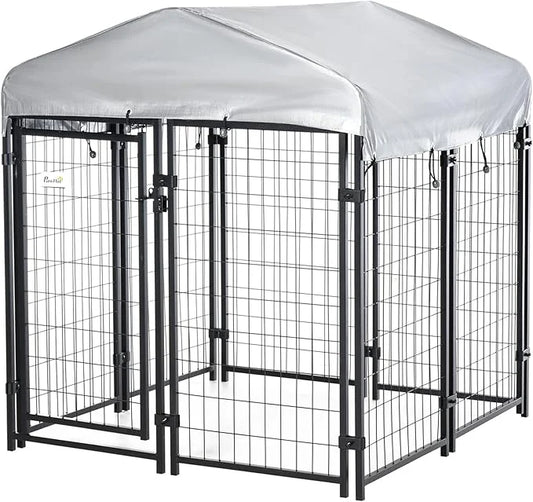 PawHut 4' x 4' x 4.5' Dog Kennel Outside, Dog Playpen Exercise Pen with Lockable Door, Water-Resistant Canopy, for Medium ...