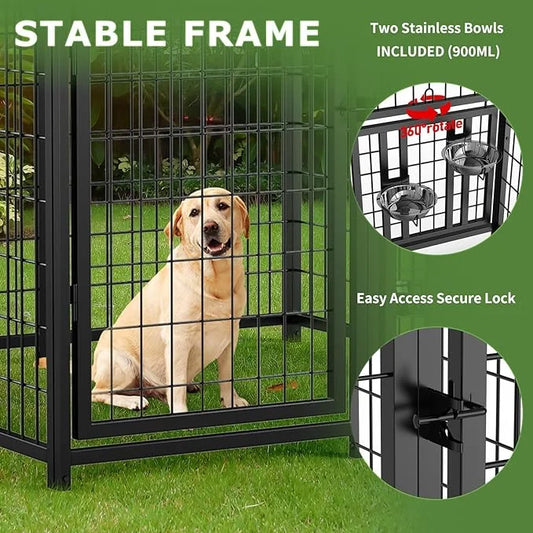 Large Dog Kennel Outdoor Pet Pens Dogs Run Enclosure Animal Hutch Metal Coop Fence with Rotating Bowl - Product Image