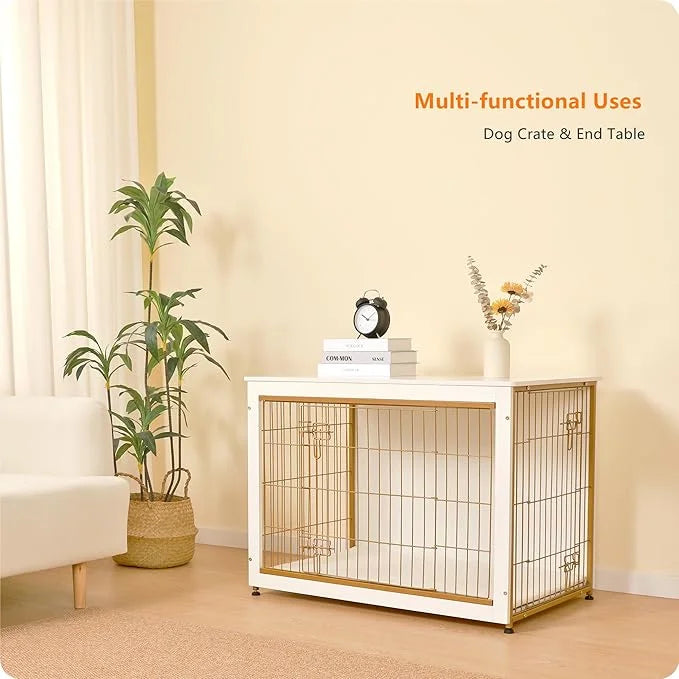 DWANTON Dog Crate Furniture with Cushion, Wooden Kennel Table with Double Doors, Indoor Dog House, Large Size, 38.5" L, Wh...