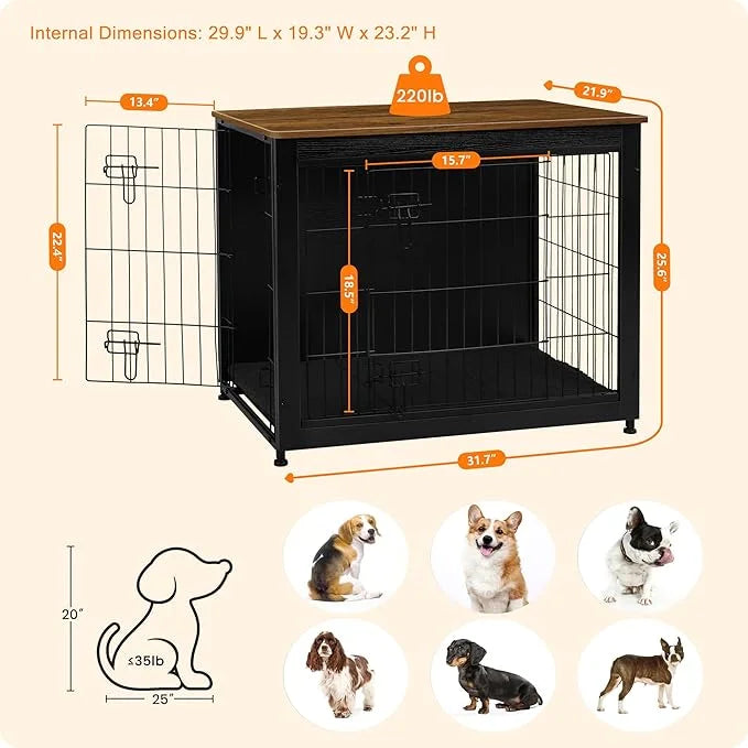 DWANTON Dog Crate Furniture with Cushion, Wooden Kennel Table with Double Doors, Indoor Dog House, Medium Size, 32.5" L, B...