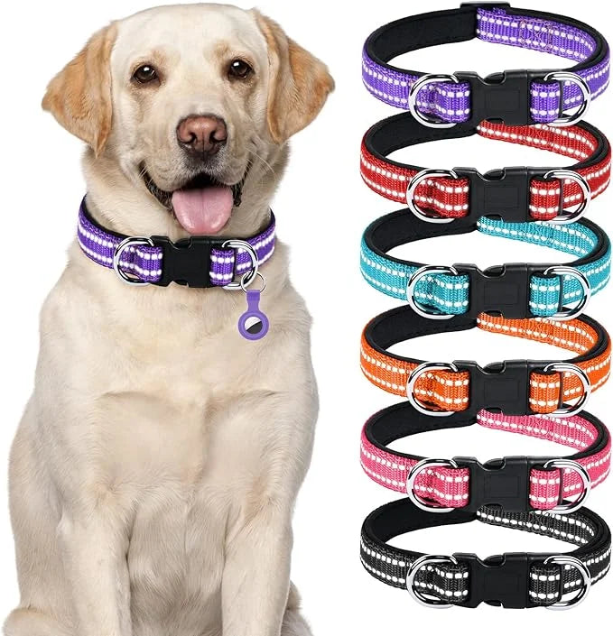 AUAUY Reflective Nylon Dog Collars, Adjustable Classic Pet Collars with Soft Neoprene Padding, Double Security Dual D-Ring...