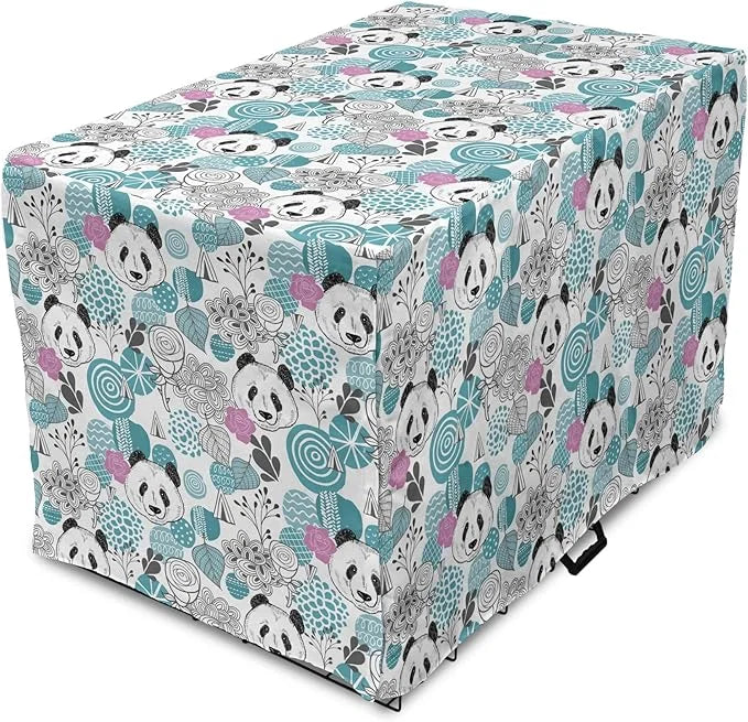 Lunarable Panda Dog Crate Cover, Portraits of Chinese Bears on Sketch Flowers and Abstract Circular Shapes, Easy to Use Pe...