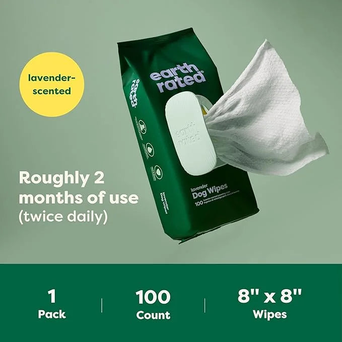 Earth Rated Dog Grooming Wipes, Hypoallergenic, Cleaning and Hydrating, for Paws, Body and Butt, Lavender Scented, 100 Cou...