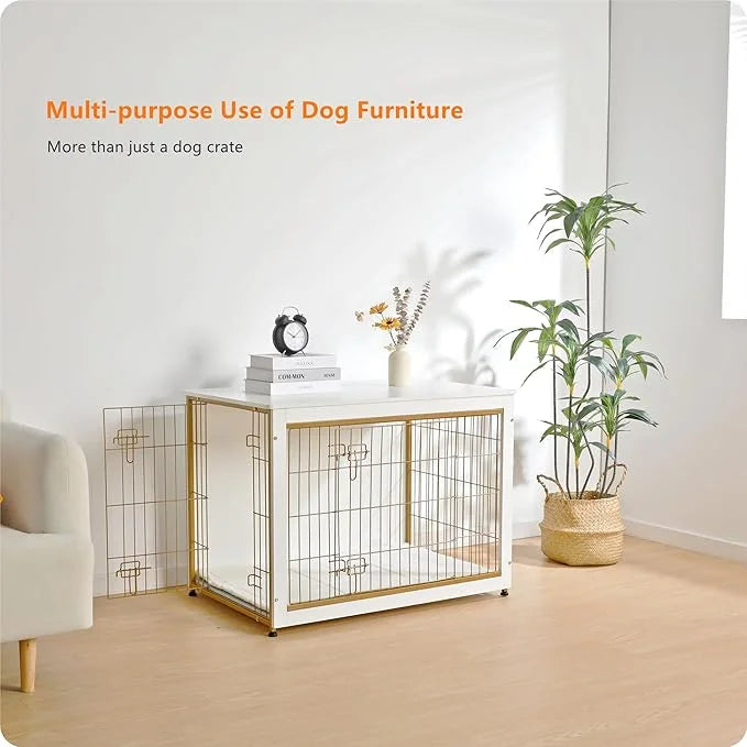 DWANTON Dog Crate Furniture with Cushion, Wooden Kennel Table with Double Doors, Indoor Dog House, Large Size, 38.5" L, Wh...