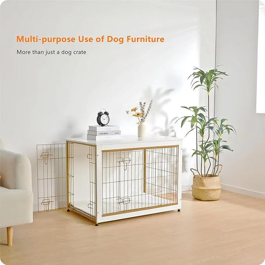 DWANTON Dog Crate Furniture with Cushion, Wooden Kennel Table with Double Doors, Indoor Dog House, Large Size, 38.5" L, Wh...