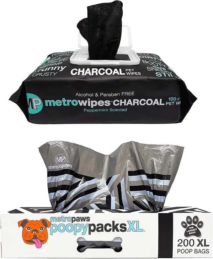 MetroPaws Peppermint Dog Wipes, 100 Extra Large, Thick Cleaning Wipes & Waste Packs XL - 200 Extra Large Dog Bags, Leakpro...