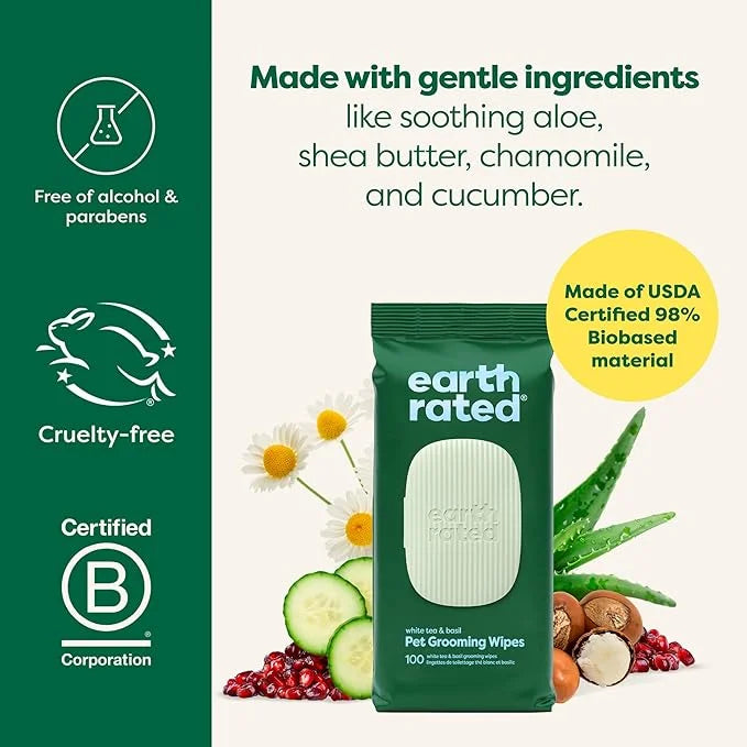 Earth Rated Pet Grooming Wipes for Dogs and Cats, Hypoallergenic, 3-in-1 Cleaning, Deodorizing and Hydrating, for Paws, Bo...