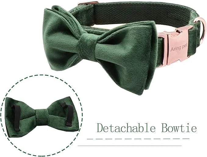 ARING PET Dog Collars with Bowtie-Velvet Dog Bow tie Collar, Adjustable Dark Green Dog Collar - Product Image