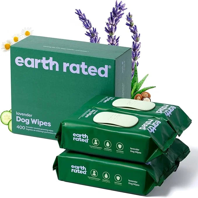 Earth Rated Dog Grooming Wipes, Hypoallergenic, Cleaning and Hydrating, for Paws, Body and Butt, Lavender Scented, 400 Cou...