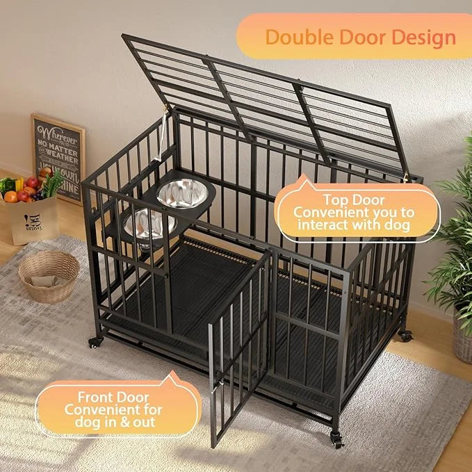 LOVMOR 43" Heavy Duty Dog Crate with Unique Air Lift Rod/Wheels/ 360° & Adjustable 2 Bowls, Extra Medium Dog Crate - Produ...