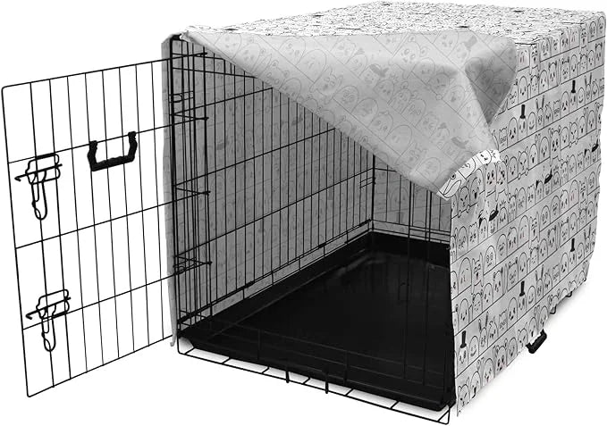Lunarable Cartoon Dog Crate Cover, Funny Creatures and Monsters Doodle Faces in Manga Style Emotions, Easy to Use Pet Kenn...