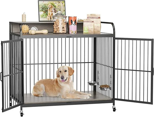 GAOMON Dog Crate Furniture, Dog Crate Indoor with Adjustable Height Bowls, Wooden Heavy Duty, 39.8 Inch Dog Kennel Furnitu...