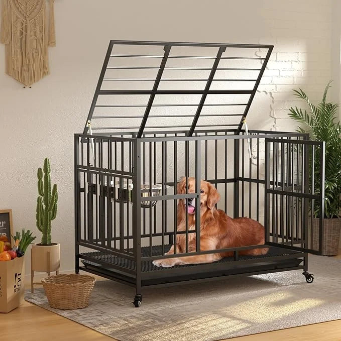 LOVMOR 43" Heavy Duty Dog Crate with Unique Air Lift Rod/Wheels/ 360° & Adjustable 2 Bowls, Extra Medium Dog Crate - Produ...