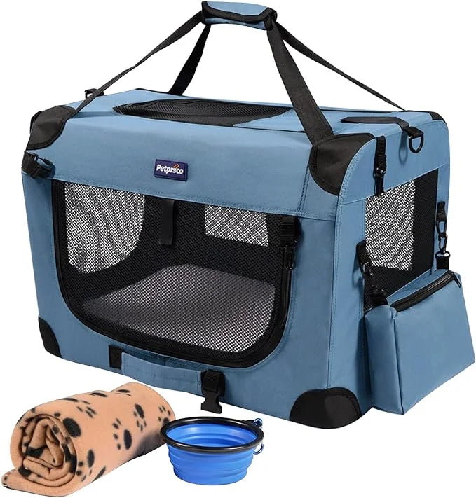 Petprsco Portable Collapsible Dog Crate, Travel Dog Crate 24x17x17 with Soft Warm Blanket and Foldable Bowl for Large Cats...