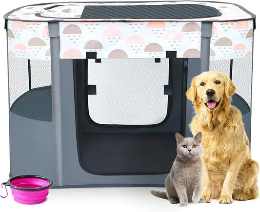 Portable Foldable Pet Playpen with Carrying Case and Travel Pet Bowl, Water Resistant Dog Cat Playpen Crate with Removable...