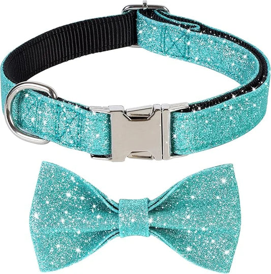Bling Dog Bow Tie Collar for Puppy Small Medium Dogs, Cute Teal Boy Dog Collar with Bow for Daily Walking or Christmas Hol...
