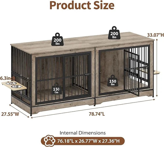 Rovibek 78 Double Dog Crate Furniture for 2 Large Dogs Indoor, Wooden Furniture Dog Crates with Dog Bowl, Dog Kennel Furni...