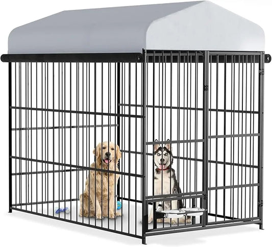 Outdoor Dog Kennel - 6.6 x 3.9 x 5.9 ft Outside Dog Kennel with Roof,Large Dog Outdoor Kennel with Rotating Feeding Bowls ...