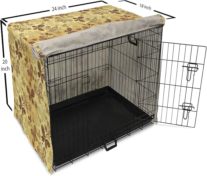 Lunarable Yellow and Brown Dog Crate Cover, Butterflies with Lace Style Ornament Spring Season Beauty Nature Print, Easy t...