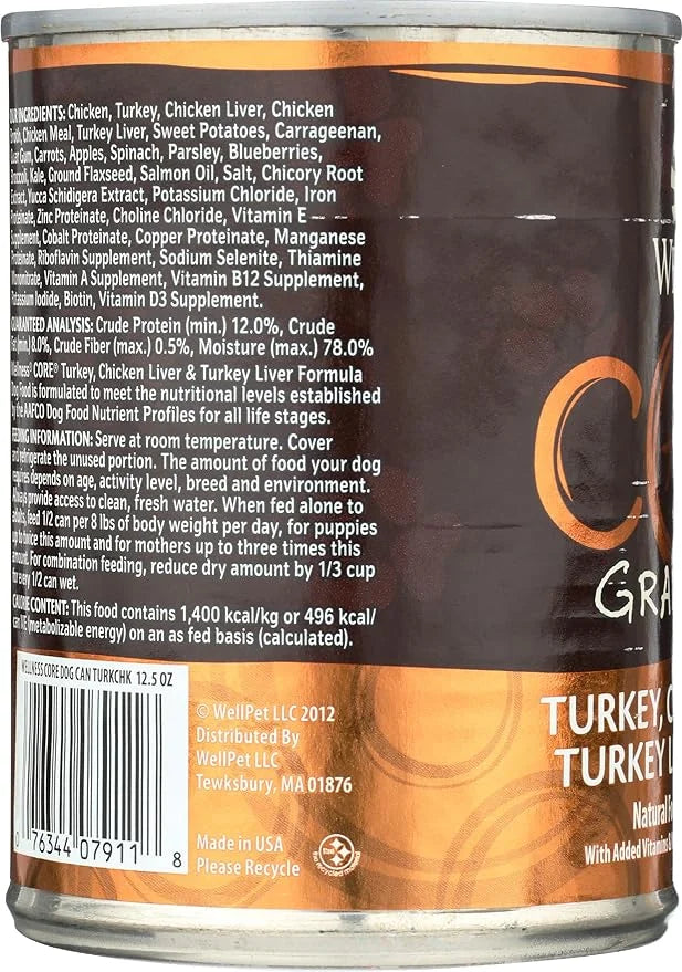 Wellness Core Grain Free Dog Food: Turkey, Chicken Liver, & Turkey Liver Formula, 12.5 oz - Product Image
