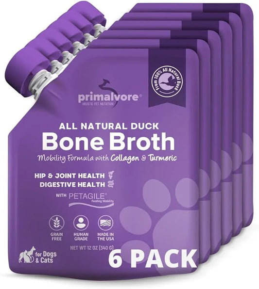Primalvore All-Natural Duck Bone Broth for Dogs &Cats, Mobility Formula w/Collagen Peptides for Hip & Joints, Digestion, S...