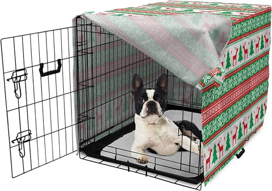 Ambesonne Christmas Dog Crate Cover, Knit Style Graphic Reindeer Star and Snowflake Holiday Family Theme, Easy to Use Pet ...