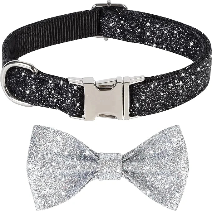 Bling Bow Tie Dog Collar and Leash Set, Cute Black Boy Dog Collar with Bow and 5ft Leash for Small Medium Dogs Daily Walki...