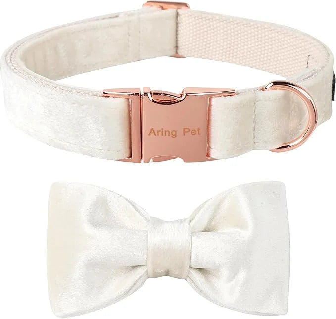 ARING PET Bowtie Dog Collar-Velvet Dog Collars with Detachable Bowtie, White Wedding Soft Dog Collar,X-Large. - Product Image