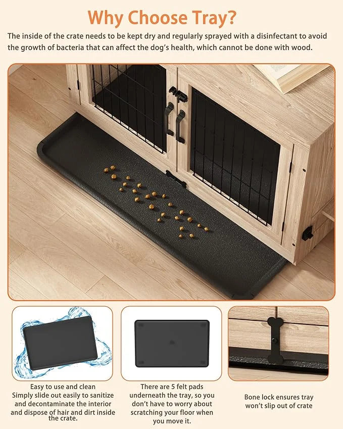 Piskyet Wooden Dog Crate Furniture with 360°Rotatable Removable Dog Bowls, Dog Crate End Table with Tray, Double Doors Dog...