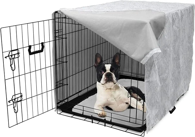 Ambesonne Grey and White Dog Crate Cover, Doodle Style Botanical Leaves Pattern Shabby Ornamental, Easy to Use Pet Kennel ...