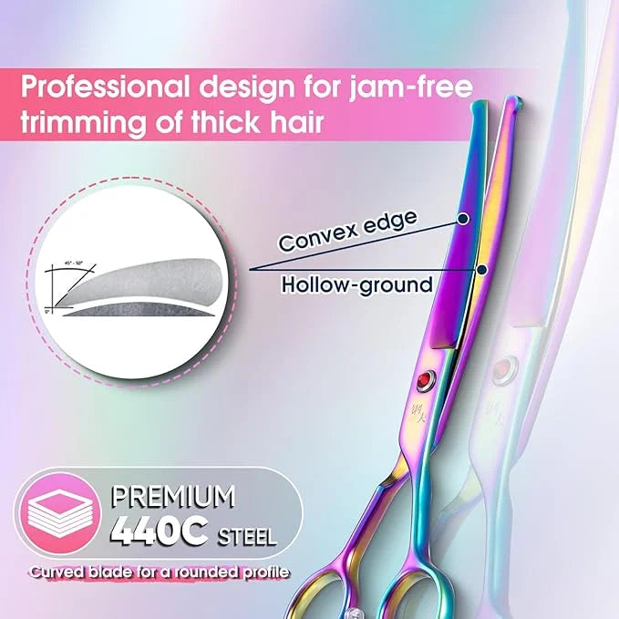 7" Curved Dog Grooming Scissors with Safe Round Tip, Rainbow Pet Fur Scissors, Japanese Stainless Steel 440C, Sharp and St...