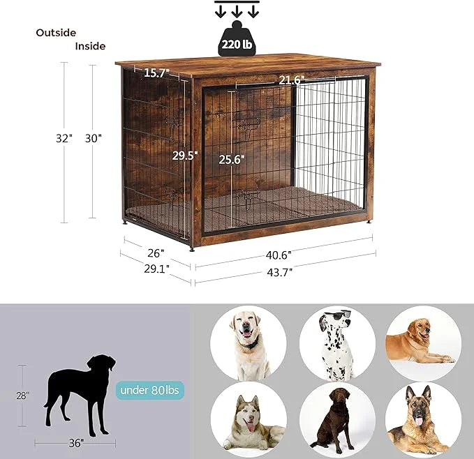 DWANTON Dog Crate Furniture with Cushion, Wooden Kennel Table with Double Doors, Indoor Dog House, Extra Large Size, 43.3"...