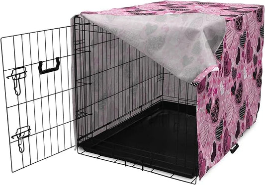 Lunarable Hearts Dog Crate Cover, Sewing Themed Love with Polka Dots Valentine's Day Inspired Image, Easy to Use Pet Kenne...
