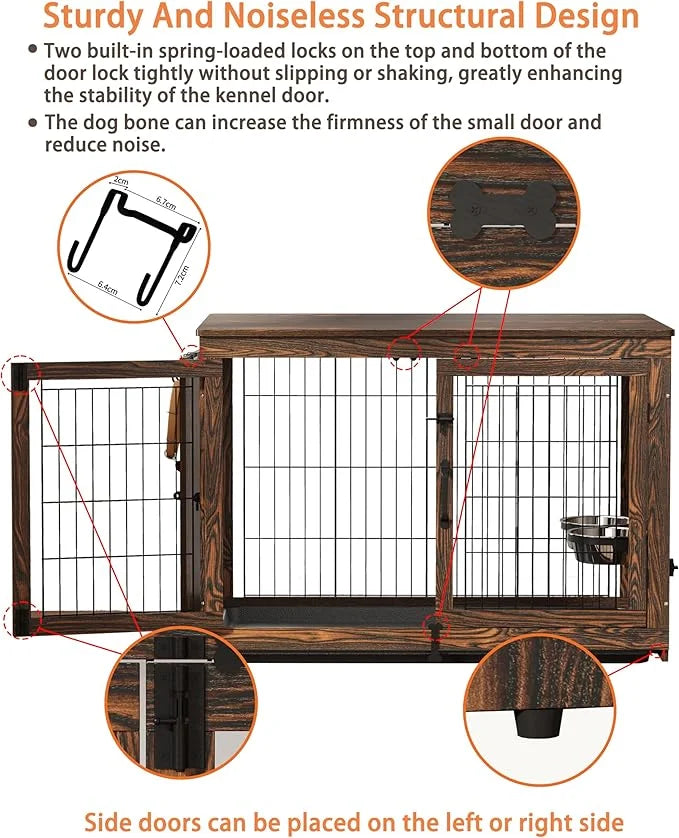 Piskyet Wooden Dog Crate Furniture with 360°Rotatable Removable Dog Bowls, Dog Crate End Table with Tray, Double Doors Dog...