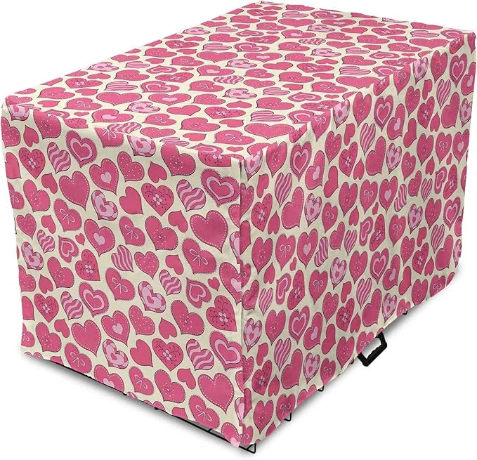 Lunarable Hearts Dog Crate Cover, Valentines Day Inspired Heart Designs with Various Styles Curved Lines Flowers Bows, Eas...