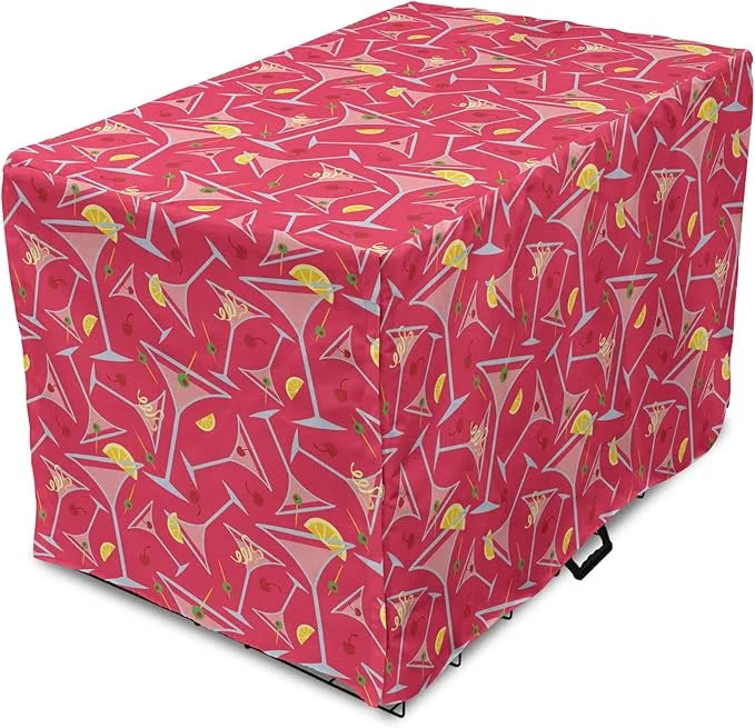 Lunarable Drinks Dog Crate Cover, Exotic Pattern of Tropical Cocktail Party Glasses with Lemons Slice, Easy to Use Pet Ken...