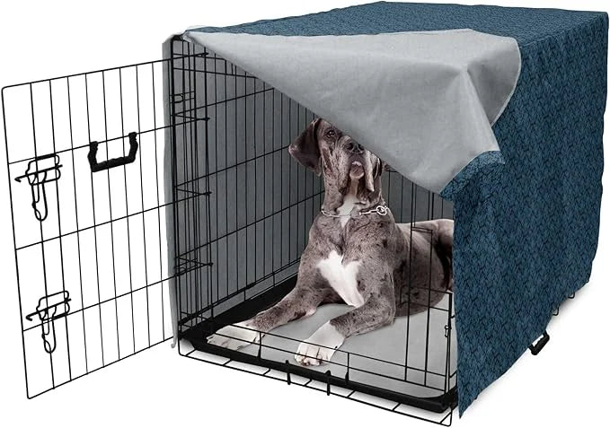 Lunarable Damask Blue Dog Crate Cover, Repetition with Rococo Inspired Royal Style Ornamental Pattern, Easy to Use Pet Ken...
