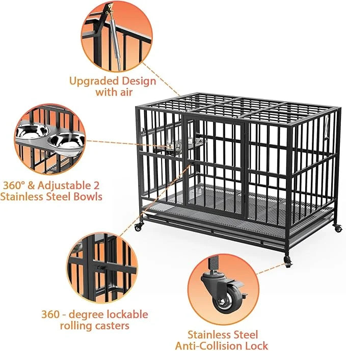 LOVMOR 37" Heavy Duty Dog Crate with Wheels/Unique Air Lift Rod / 360° & Adjustable 2 Bowls, Extra Small Dog Crate - Produ...