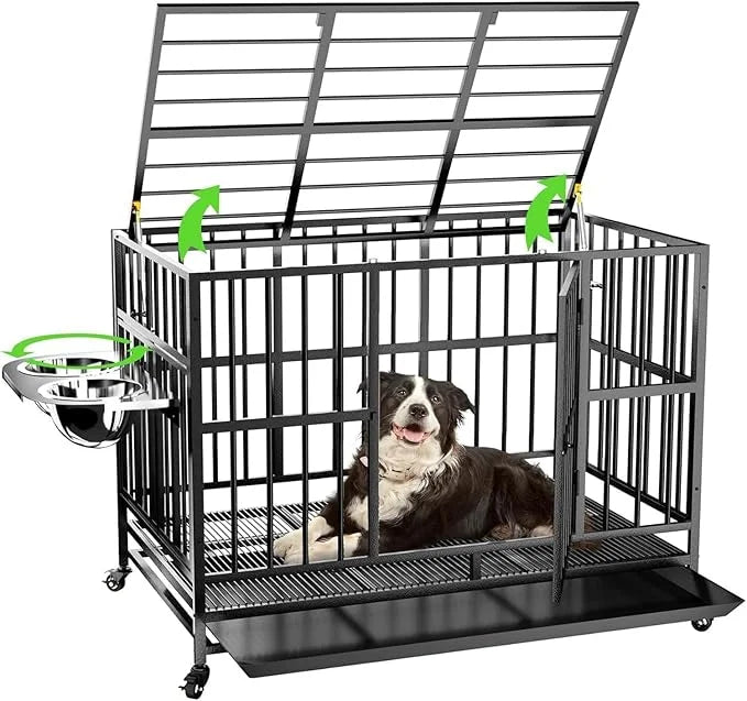 LOVMOR 43" Heavy Duty Dog Crate with Unique Air Lift Rod/Wheels/ 360° & Adjustable 2 Bowls, Extra Medium Dog Crate - Produ...