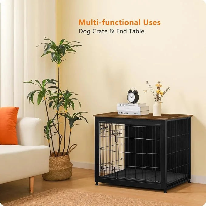 DWANTON Dog Crate Furniture with Cushion, Wooden Kennel Table with Double Doors, Indoor Dog House, Medium Size, 32.5" L, B...