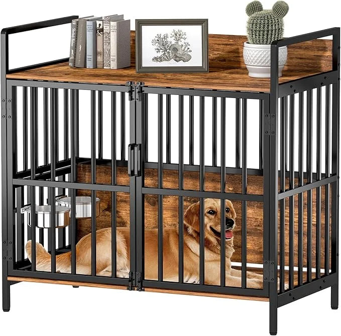 Large Dog Crate Furniture, with 360° Adjustable Elevated Feeder, Heavy Dog Furniture, Indoor Decorative Dog Kennel, Sturdy...