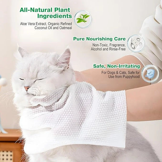 Pet Glove Wipes UNSCENTED for Dogs and Cats No-Rinse, Deodorizing, Grooming Gloves for Paws, Face, Butt, and Legs, Portabl...