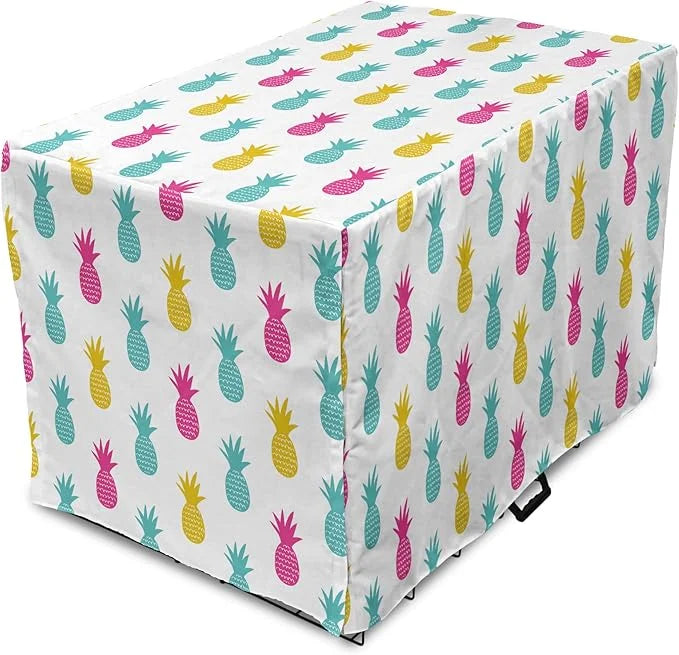 Lunarable Yellow Pineapple Dog Crate Cover, Rhythmic Ananas Fruits in Colorful Design Summer Tropical Concept, Easy to Use...