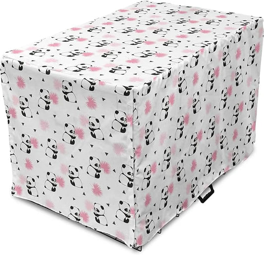 Lunarable Panda Dog Crate Cover, Cartoon Style Bear Drawings Pinkish Foliage Leaves Chinese, Easy to Use Pet Kennel Cover ...