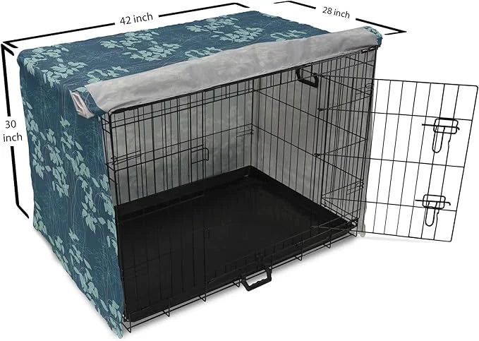 Lunarable Blue Floral Dog Crate Cover, Abstract Leaves and Outlines Rural Field Garden Foliage Art, Easy to Use Pet Kennel...