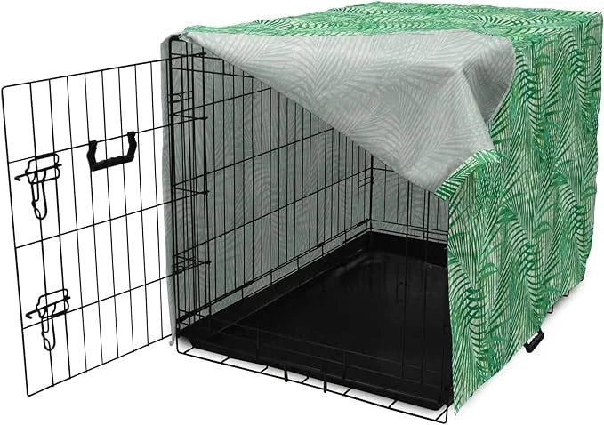 Lunarable Fern Pattern Dog Crate Cover, Background Illustration Covered with Palm Tree Leaves Art Print, Easy to Use Pet K...