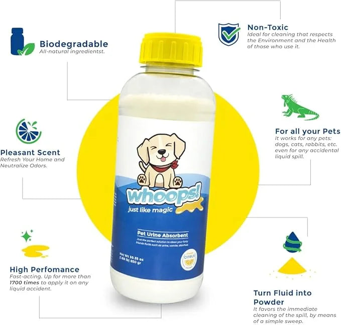 Whoops! Pet Accident Cleanup Powder - Non-Toxic, Citrus Fragrance, Absorbs & Deodorizes Urine, Vomit, Diarrhea - 2 Pack (2...