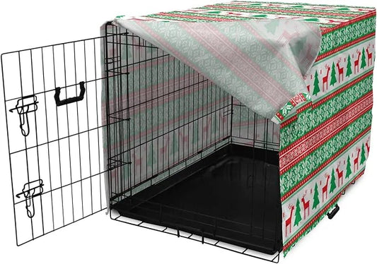 Ambesonne Christmas Dog Crate Cover, Knit Style Graphic Reindeer Star and Snowflake Holiday Family Theme, Easy to Use Pet ...